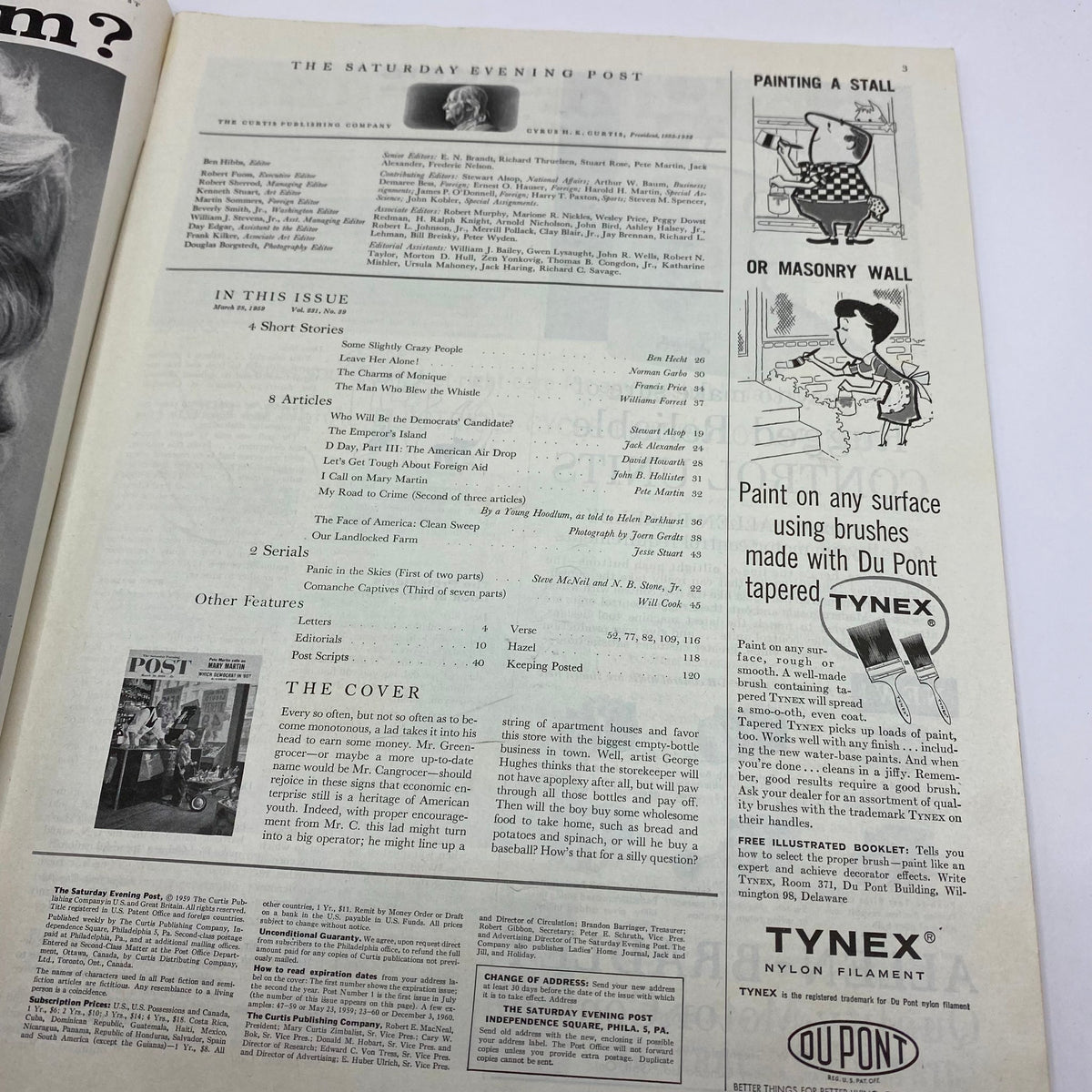 Inside page of Saturday Evening Post Magazine, March 28, 1959, containing articles and features including the section titled 'THE COVER', discussing the magazine's cover art by George Hughes.