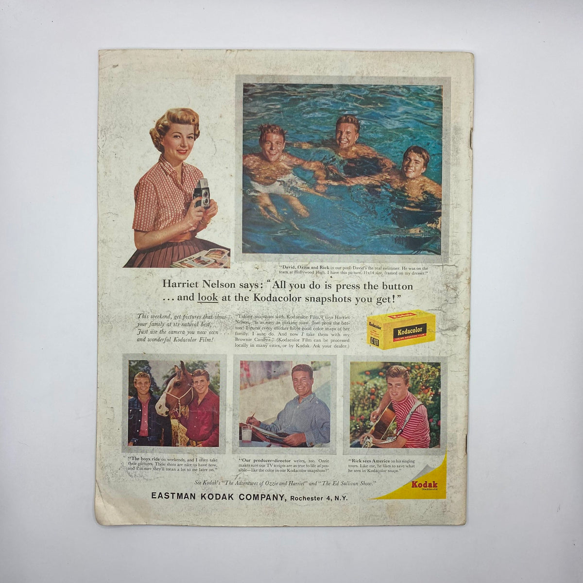 Back cover of the Saturday Evening Post Magazine, August 22, 1959, featuring an advertisement for Kodak highlighting family photography with a nostalgic theme. Emphasizes mid-20th-century American consumer culture.