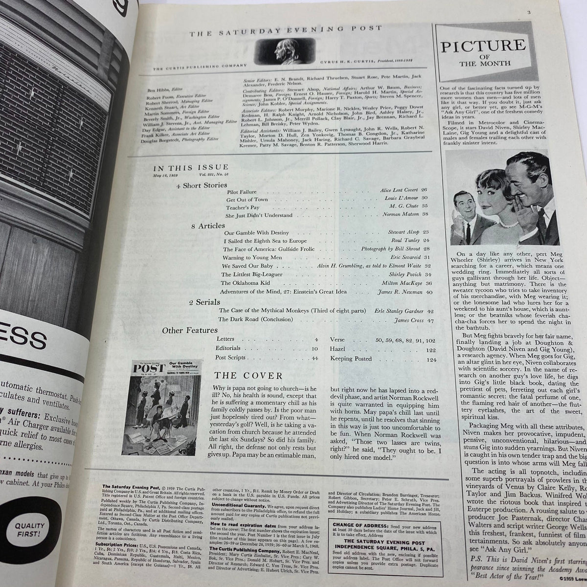 Inside page of Saturday Evening Post Magazine May 16 1959 showing table of contents and featured articles including Norman Rockwell's cover artwork.