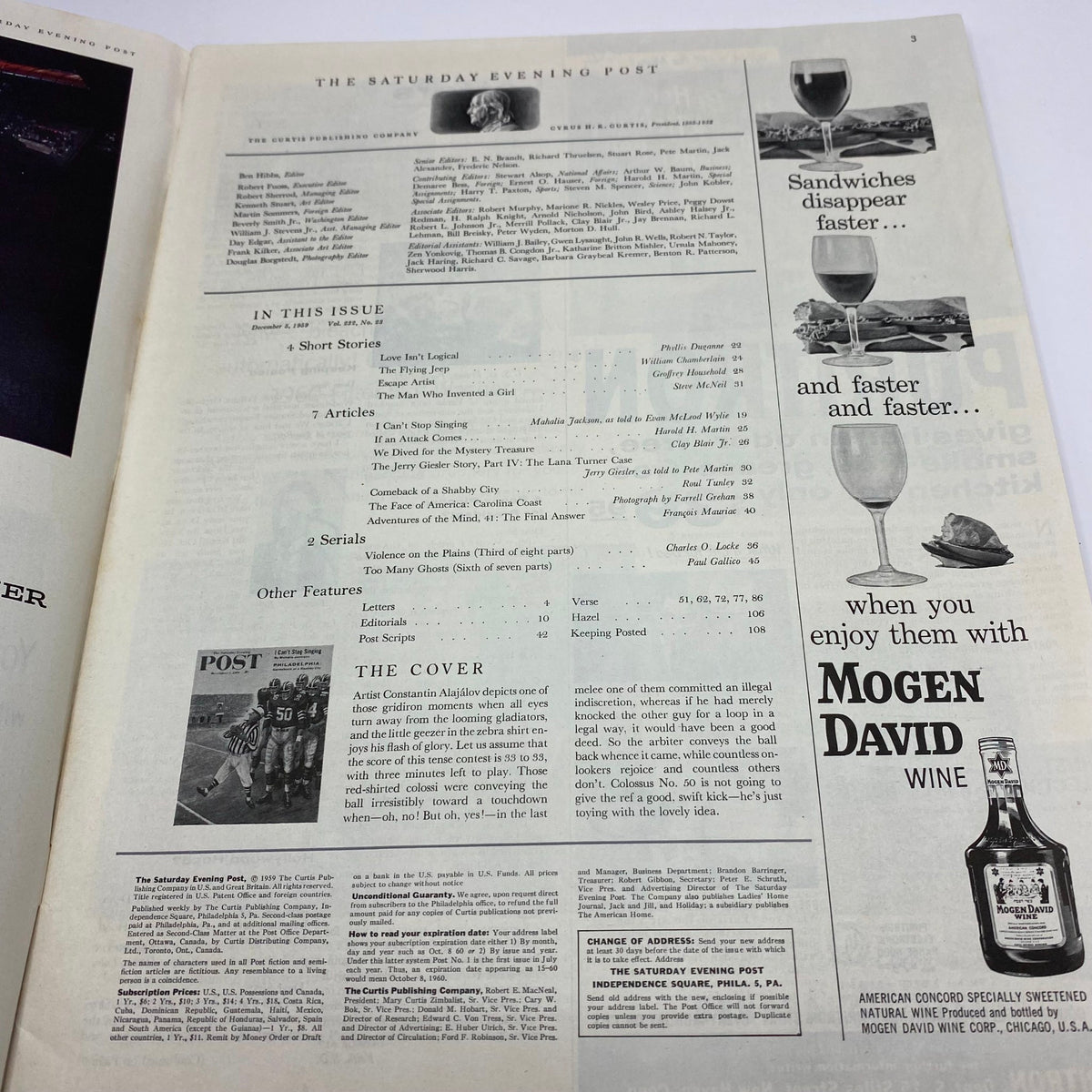 Interior page of the Saturday Evening Post Magazine from December 5, 1959, featuring short stories, articles, and advertisements, showcasing mid-century Americana.