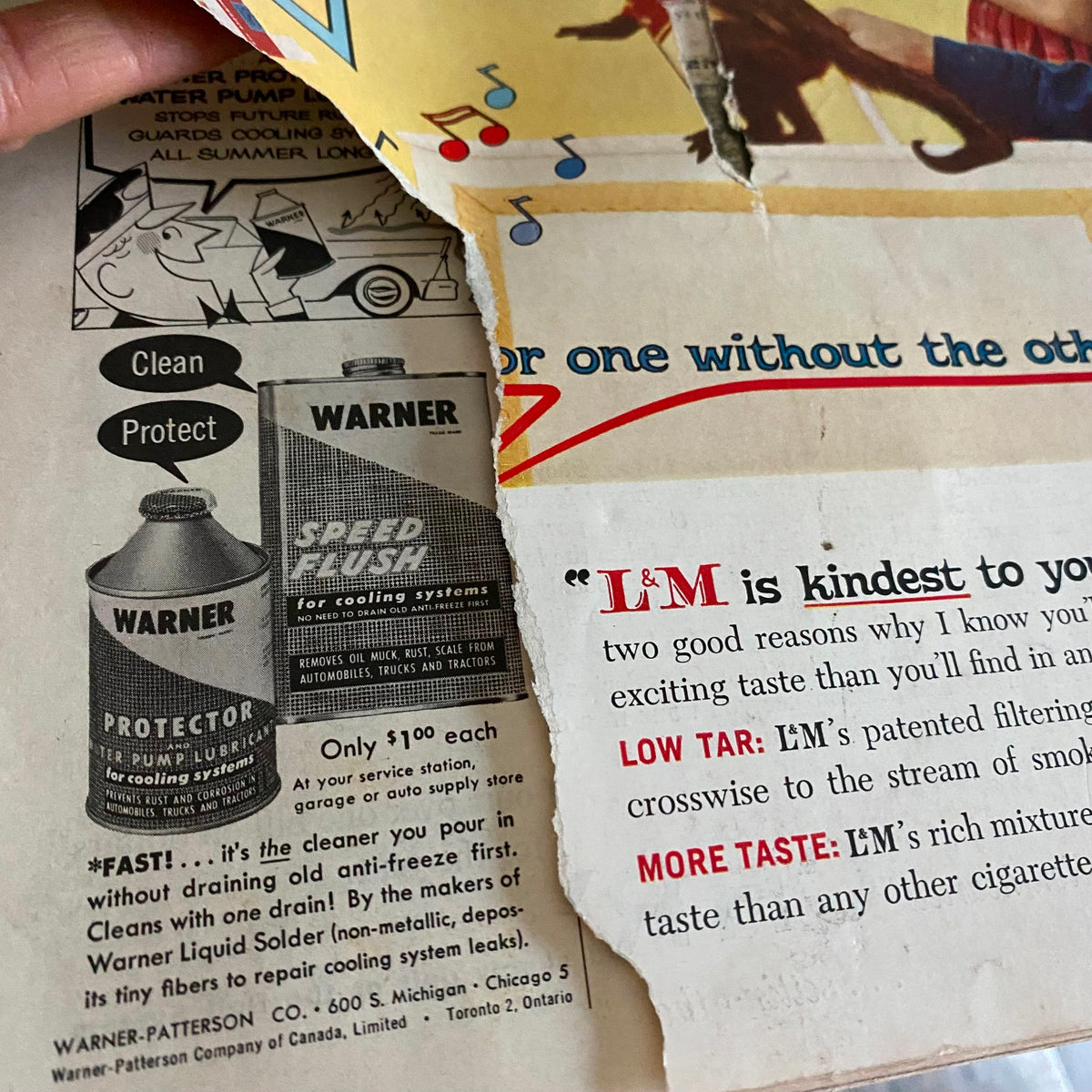 Close-up view of an advertisement from the back cover of Saturday Evening Post Magazine April 25 1959 for Warner automotive products, showing detailed illustrations and promotional offers.