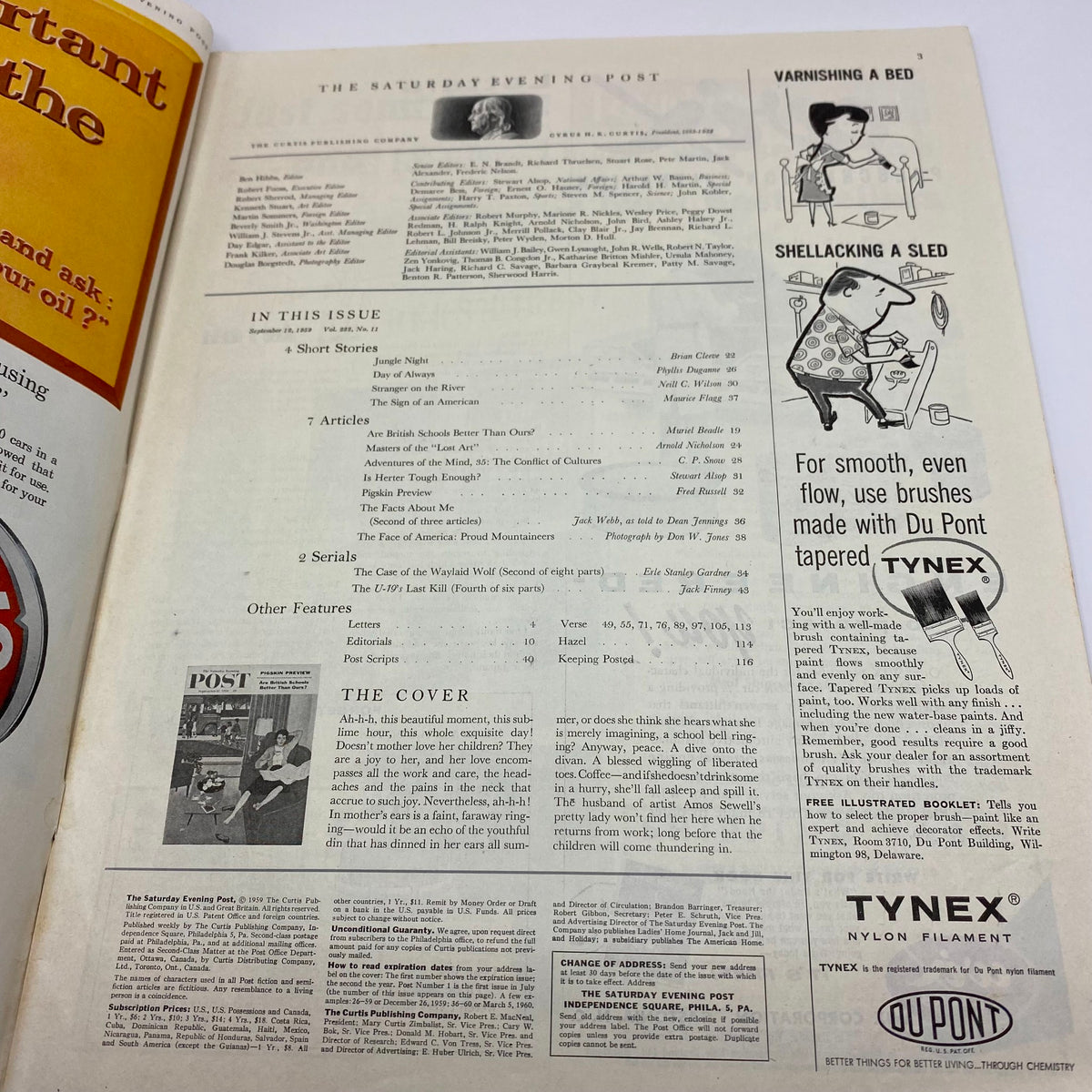 Inside page of the Saturday Evening Post Magazine, September 12, 1959, displaying the table of contents and article previews, highlighting the engaging stories and features of this vintage issue.