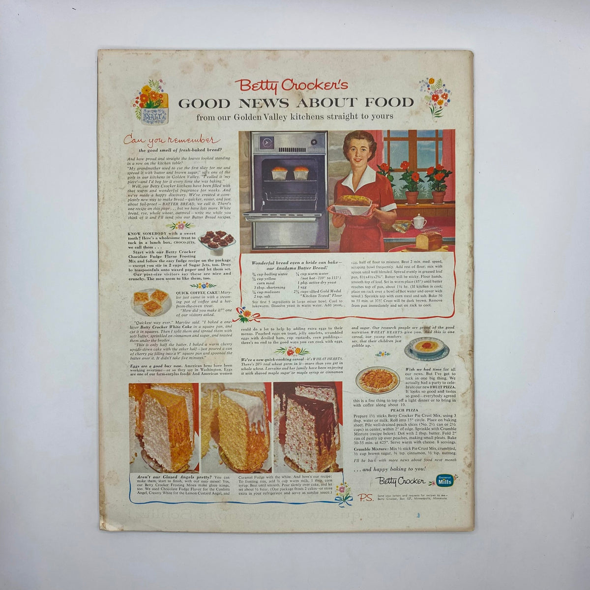 Vintage advertisement for Betty Crocker's 'Good News About Food' featuring a woman in a kitchen holding a casserole, with recipes and illustrations of cakes and dishes, from the Saturday Evening Post Magazine September 12 1959 Youthful Din - Sewell No Label.
