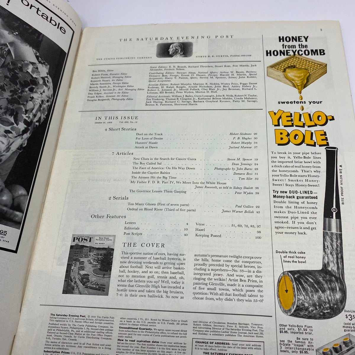 Interior page of the October 31, 1959, Saturday Evening Post Magazine titled 'Bruisers', highlighting contents and articles with a classic layout indicative of mid-century publications, appealing to vintage magazine collectors.