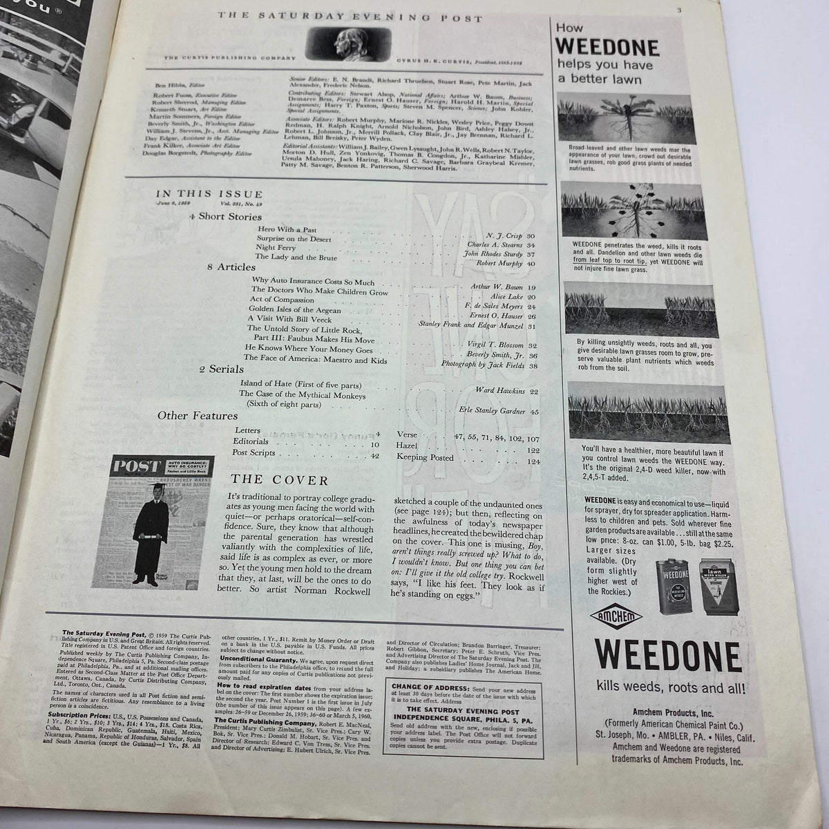 Interior page of the Saturday Evening Post Magazine June 6, 1959, detailing the contents including articles and features, with a focus on the cover story about College Graduates.