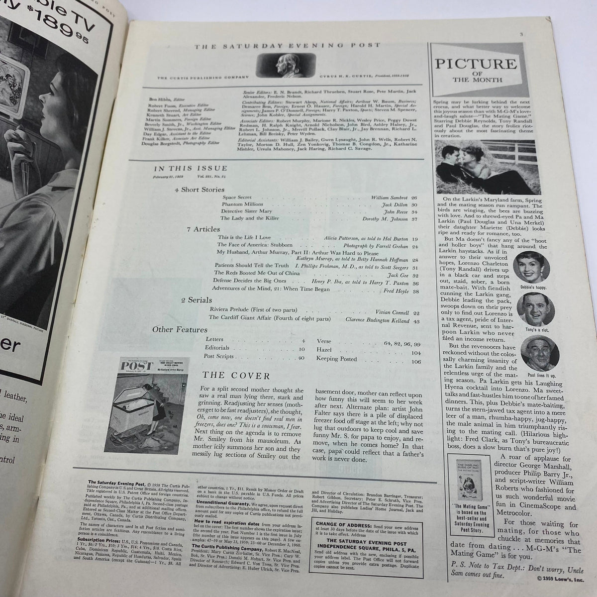 Inside page of Saturday Evening Post Magazine February 21 1959 highlighting the contents including the article 'My Husband, Arthur Murray' and the cover illustration theme.