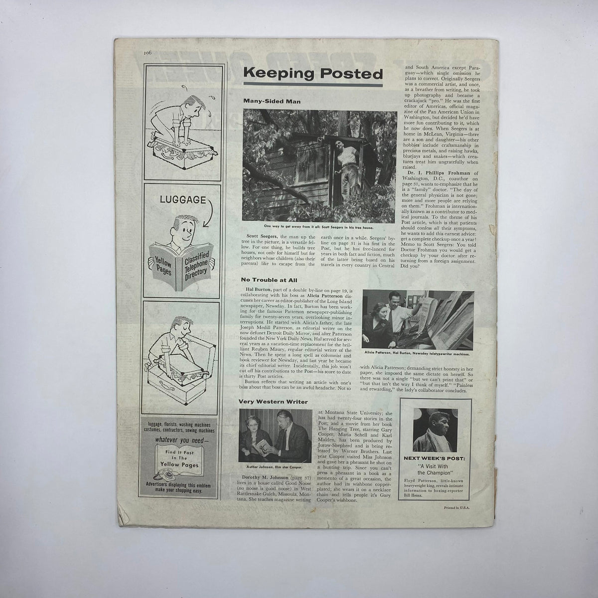 Interior page from the Saturday Evening Post magazine dated February 21, 1959, featuring articles and illustrations. This page includes sections titled 'Keeping Posted' with a focus on various stories and images reflecting cultural themes of the era.