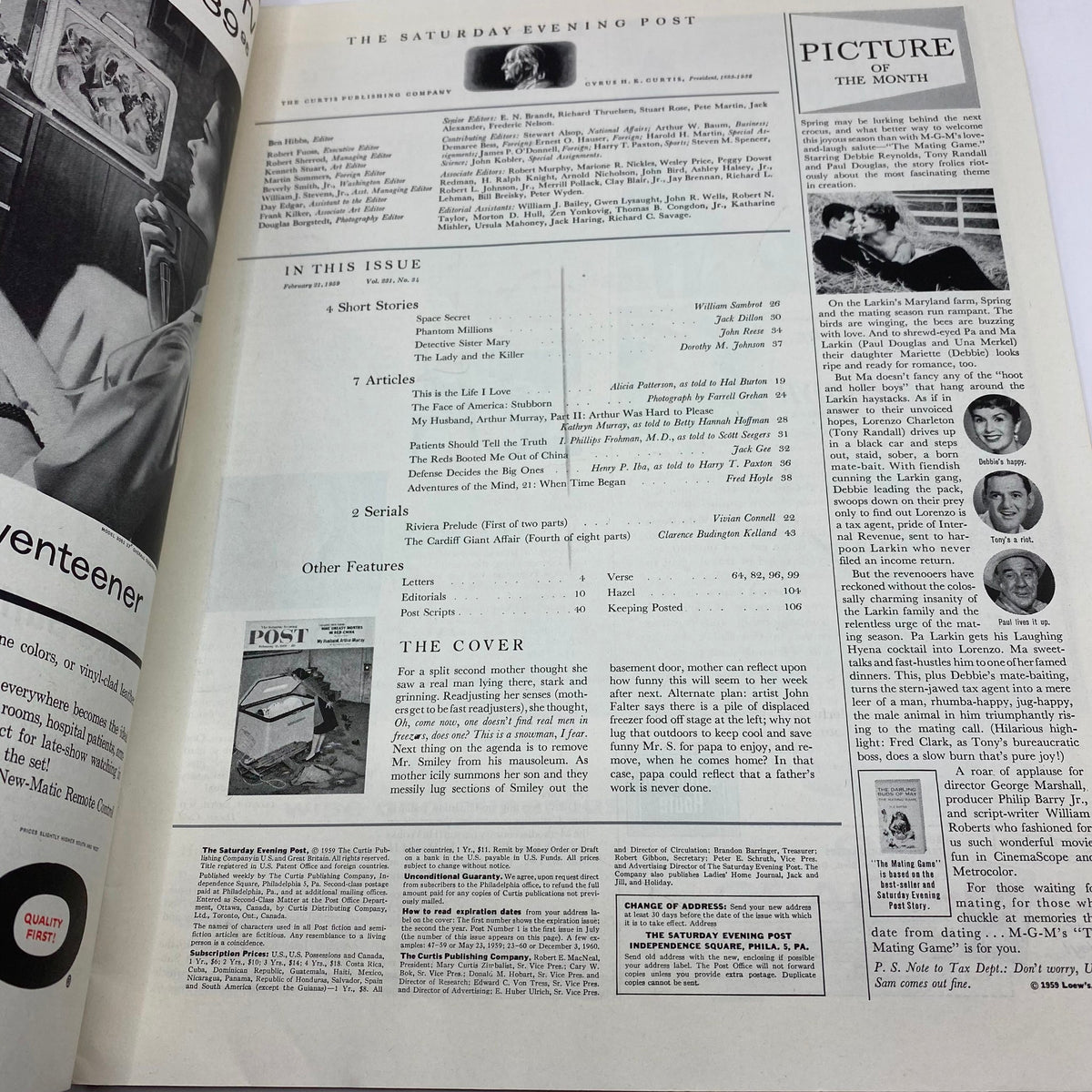 Inside page of the Saturday Evening Post Magazine February 21, 1959, featuring articles, short stories, and a spotlight on the magazine's cover artwork.