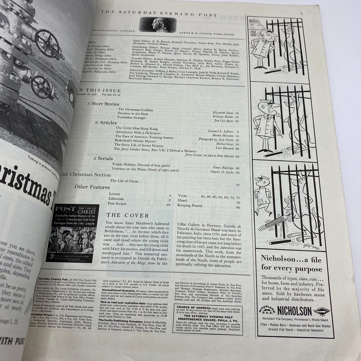 Inside page of the Saturday Evening Post Magazine December 26, 1959, displaying the table of contents and details of articles including 'The Life of Christ' and Christmas features.