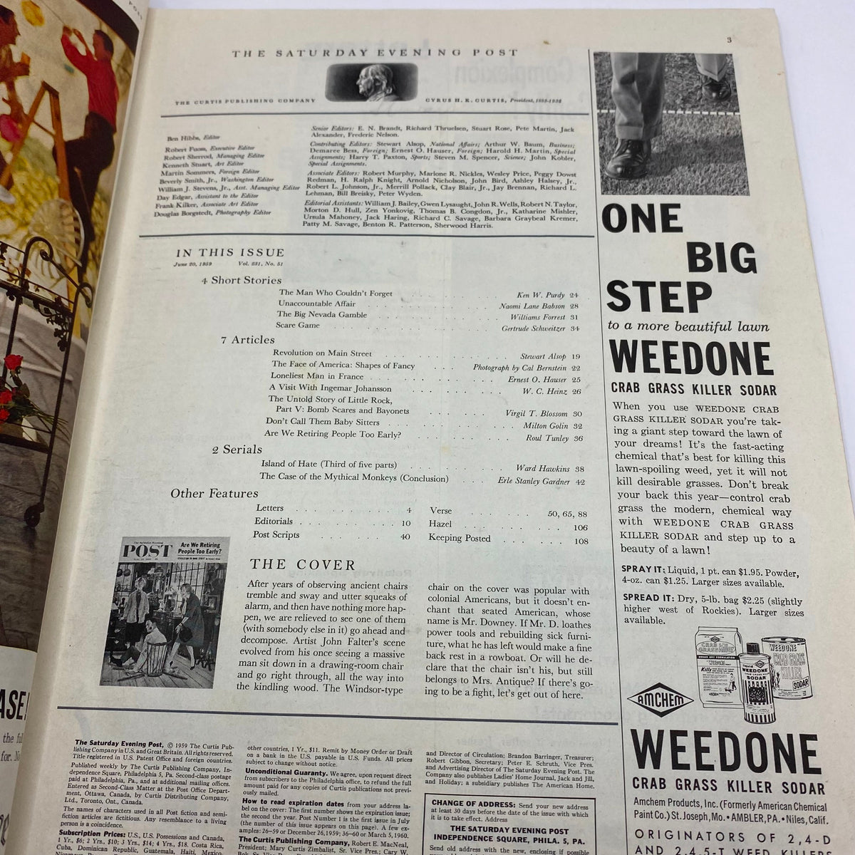 Inside page of the Saturday Evening Post Magazine from June 20, 1959 displaying the table of contents and feature articles.