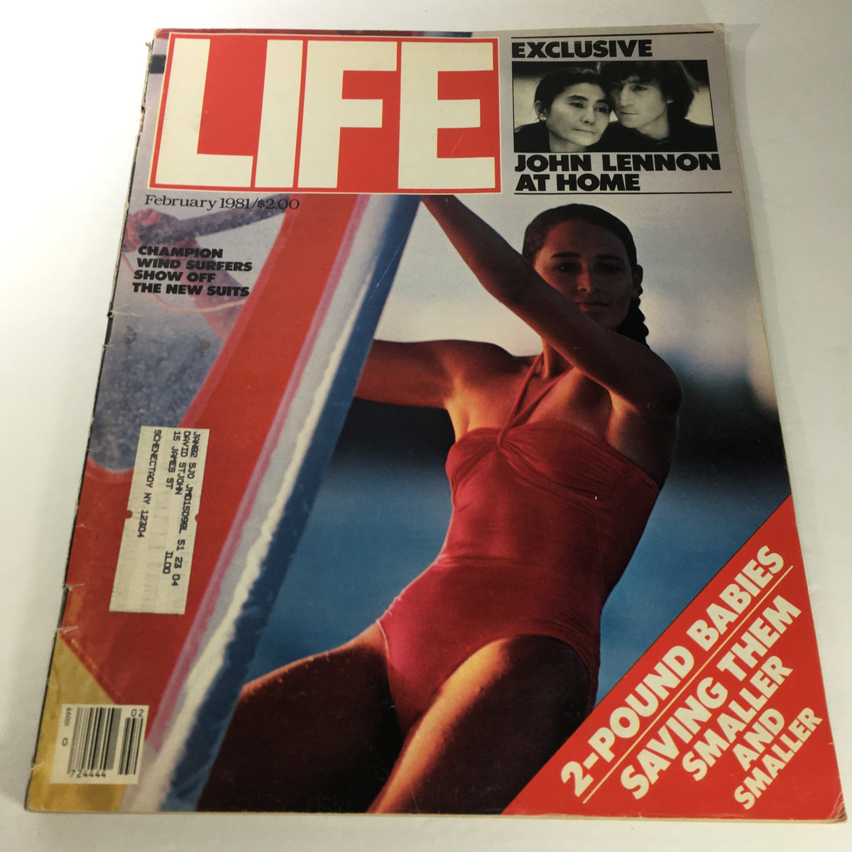 Cover of VTG Life Magazine: February 1981 featuring an exclusive article 'John Lennon At Home' with a striking image of a woman in a red swimsuit.