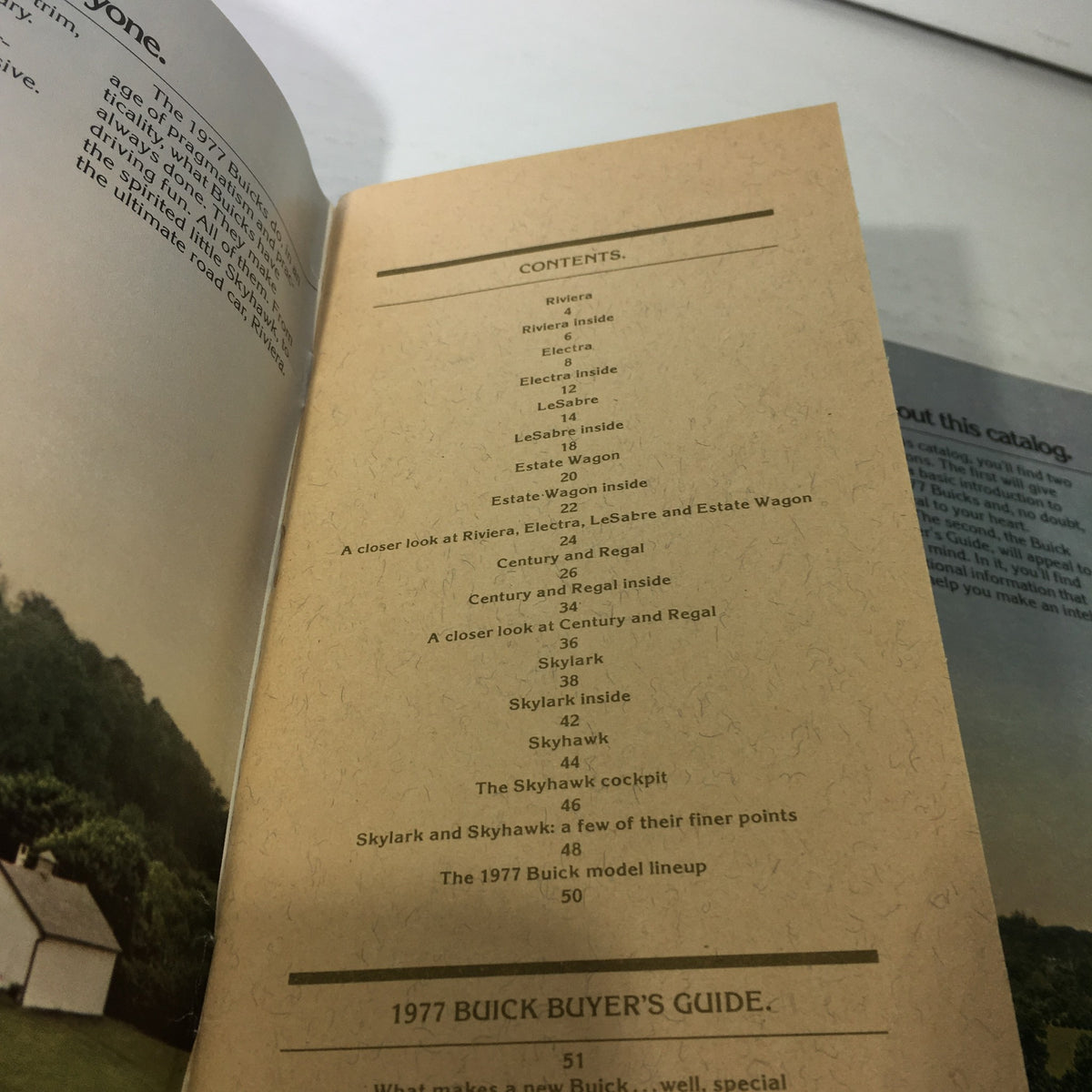 Inside page of the 1977 Buick Buyer's Guide displaying the table of contents, listing sections such as Riviera, Electra, and Skylark, emphasizing the detailed features and specifications.