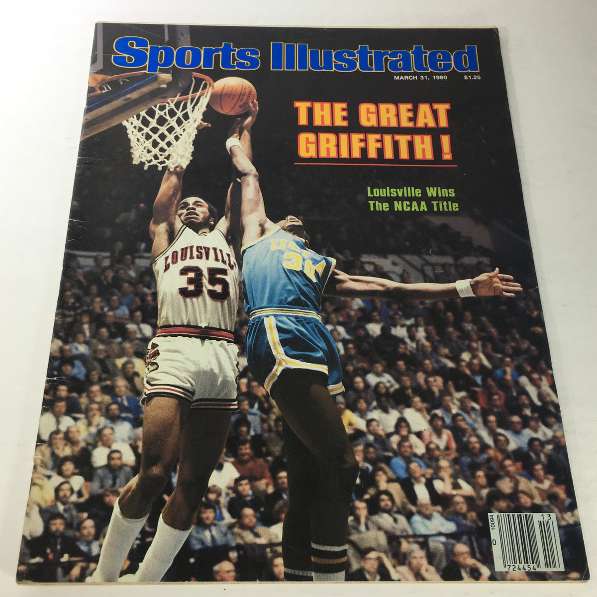 Cover of Sports Illustrated Magazine from March 31, 1980, featuring Louisville's Darrell Griffith making a basketball shot, highlighting Louisville's NCAA Title victory.