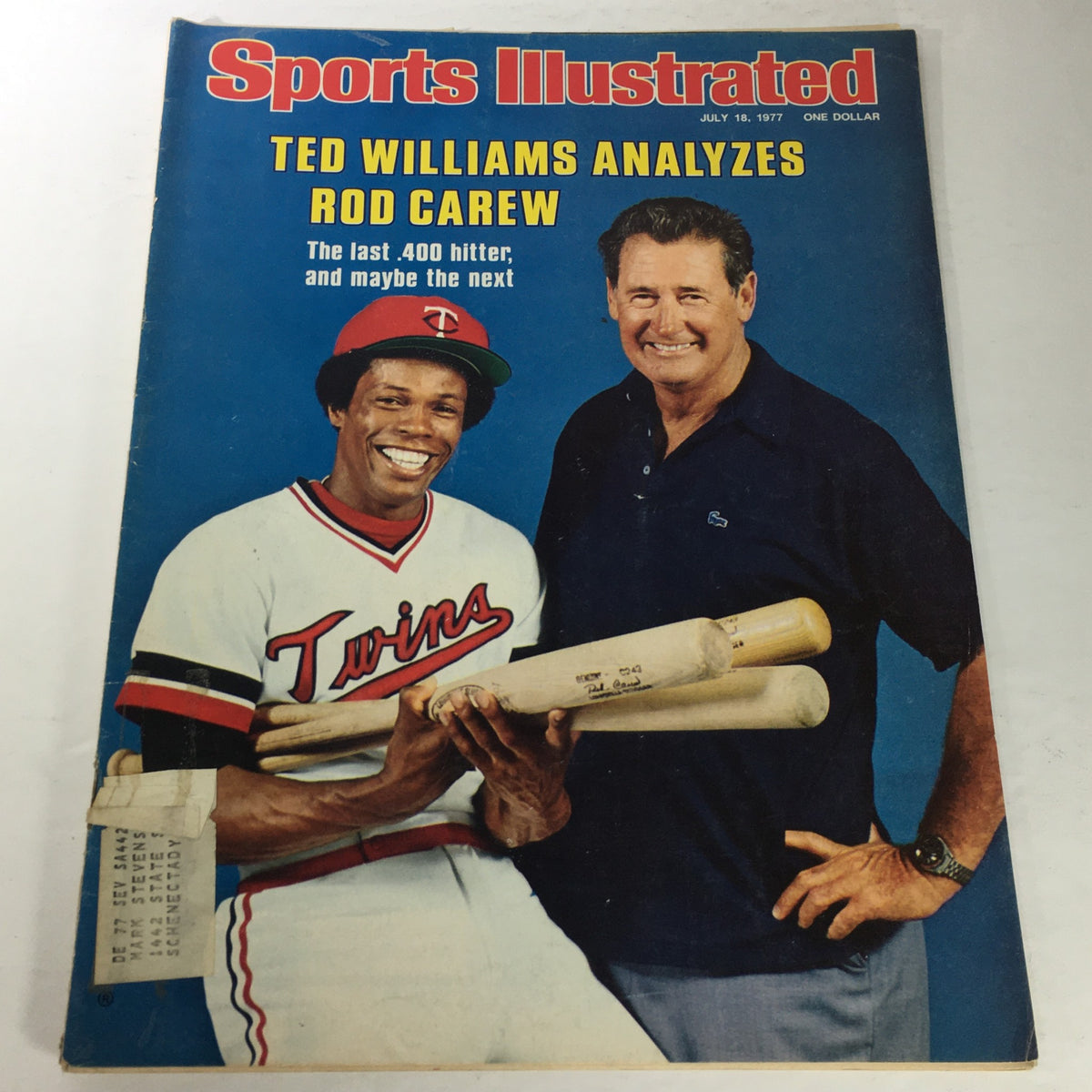 Vintage Sports Illustrated magazine cover from July 18, 1977, featuring Ted Williams analyzing Rod Carew, showcasing both baseball legends with bats, emphasizing sports history.