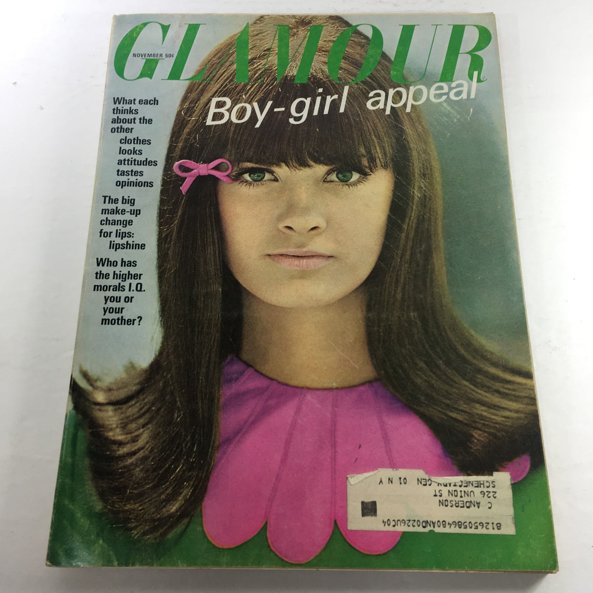 VTG Glamour Magazine November 1965 Cover featuring a model with long hair and a pink bow, showcasing 'Boy-girl appeal'