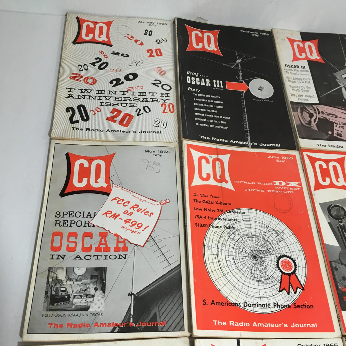 The complete set of 12 issues from 1965 CQ The Radio Amateur's Journal featuring January to June covers with themes on amateur radio advancements.