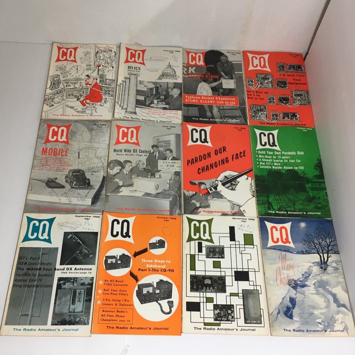 Lot of 12 Complete January to December 1966 CQ The Radio Amateur's Journal magazines displayed together showcasing covers from each month highlighting vintage amateur radio technology.