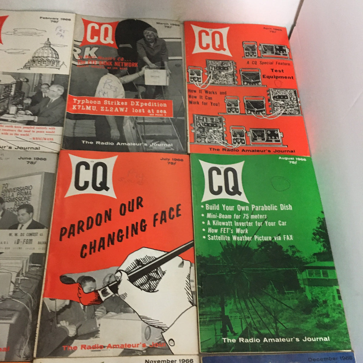 Lot of 12 Complete January to December 1966 CQ The Radio Amateur's Journal magazines featuring February and March issues with articles on amateur radio technology and DX expeditions.