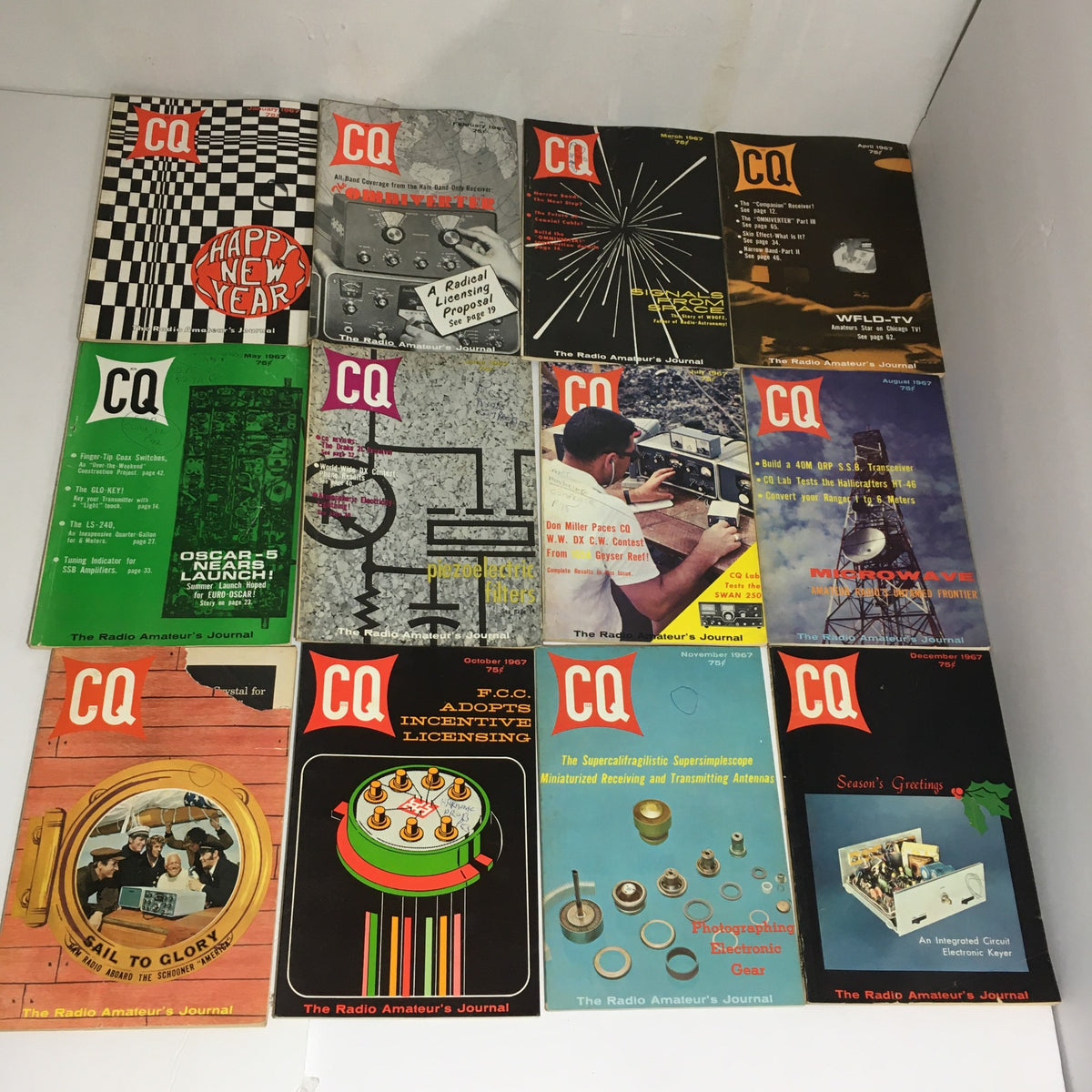 Lot of 12 Complete January to December 1967 CQ The Radio Amateur's Journal showcasing vintage magazine covers including notable issues from January to December.