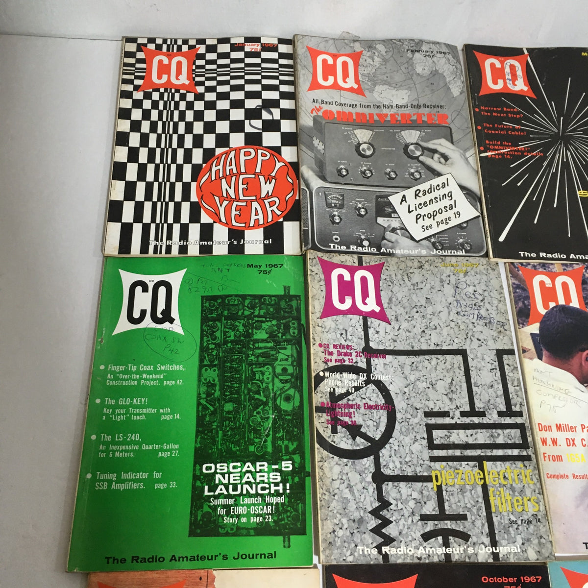 Lot of 12 Complete January to December 1967 CQ The Radio Amateur's Journal featuring detailed views of select magazine covers, highlighting historical content and design.