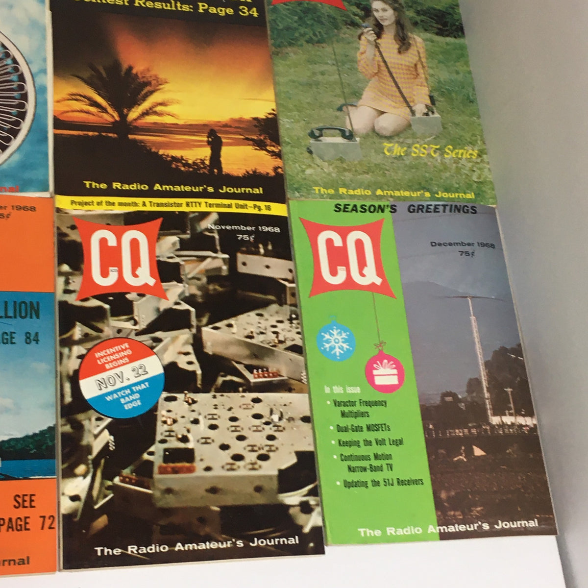 Lot of 12 Complete January to December 1968 CQ The Radio Amateur's Journal - Displaying the November and December issues with titles related to amateur radio events and seasonal greetings.
