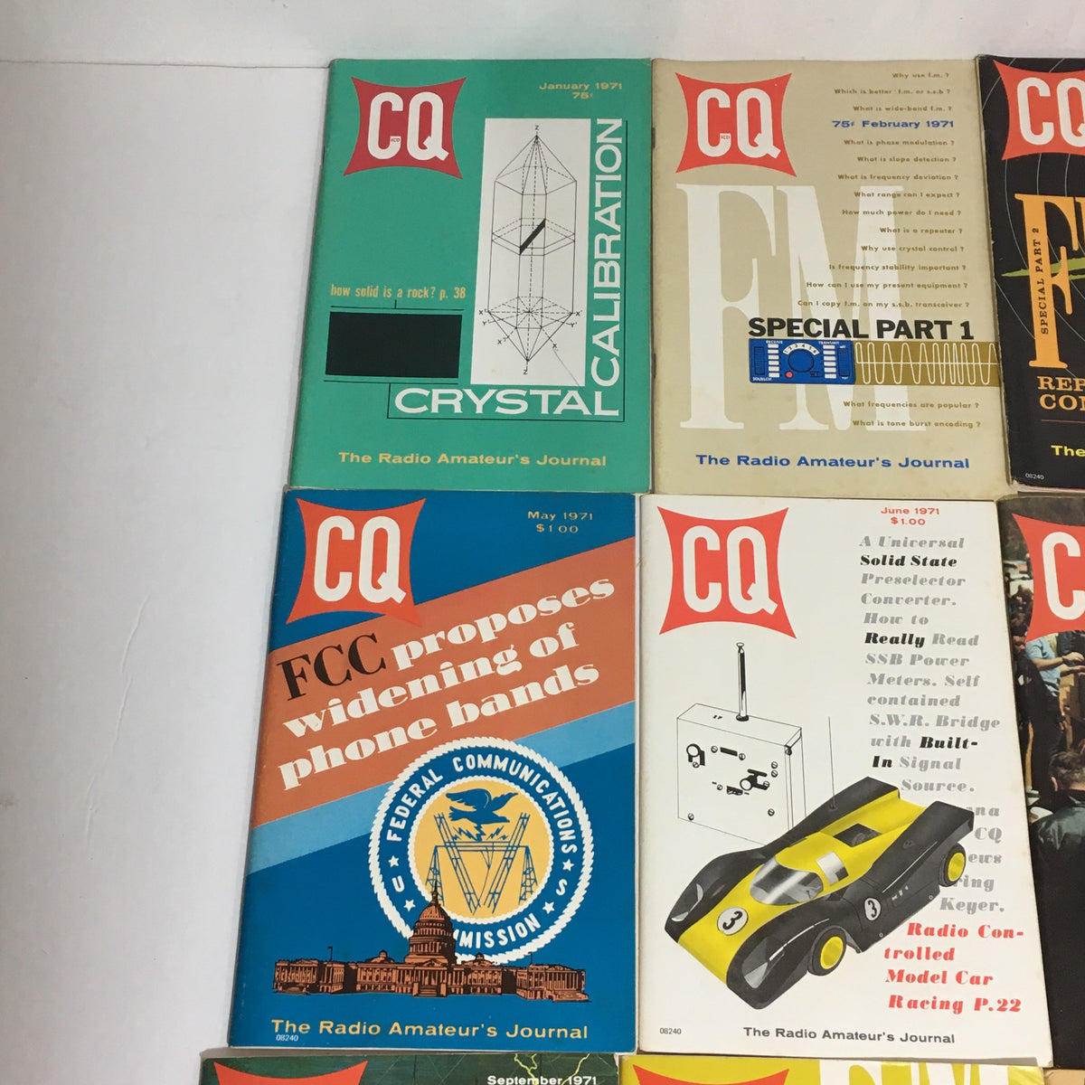 Close-up of January to May 1971 issues of CQ The Radio Amateur's Journal, showcasing cover topics like crystal calibration and FCC proposals.