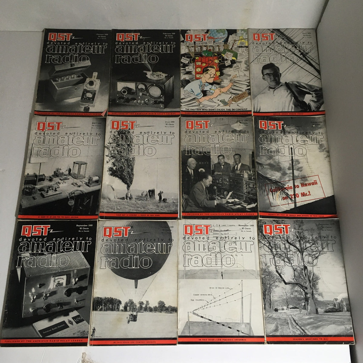 Lot of 12 Complete January to December 1959 QST Amateur Radio magazines showcasing various covers featuring amateur radio themes and historical insights.