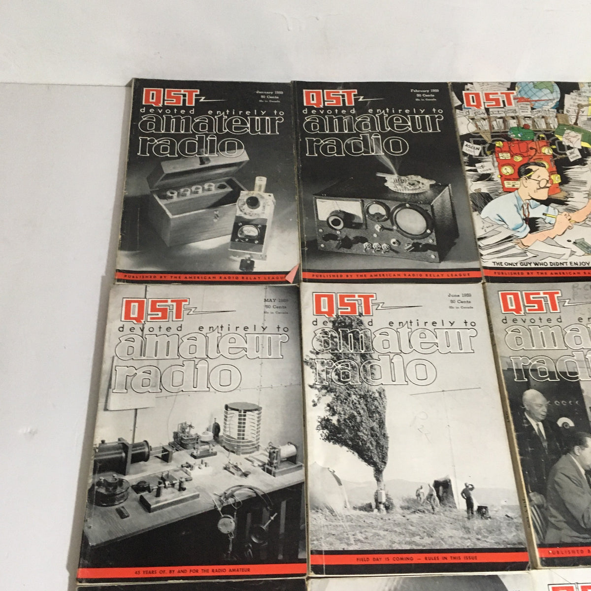 Lot of 12 Complete January to December 1959 QST Amateur Radio magazines highlighting different issues with images of radio equipment and amateur radio activities.