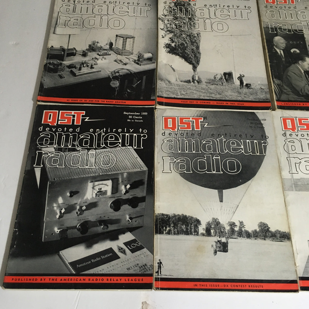 Lot of 12 Complete January to December 1959 QST Amateur Radio - showcasing a collection of vintage amateur radio magazine covers.