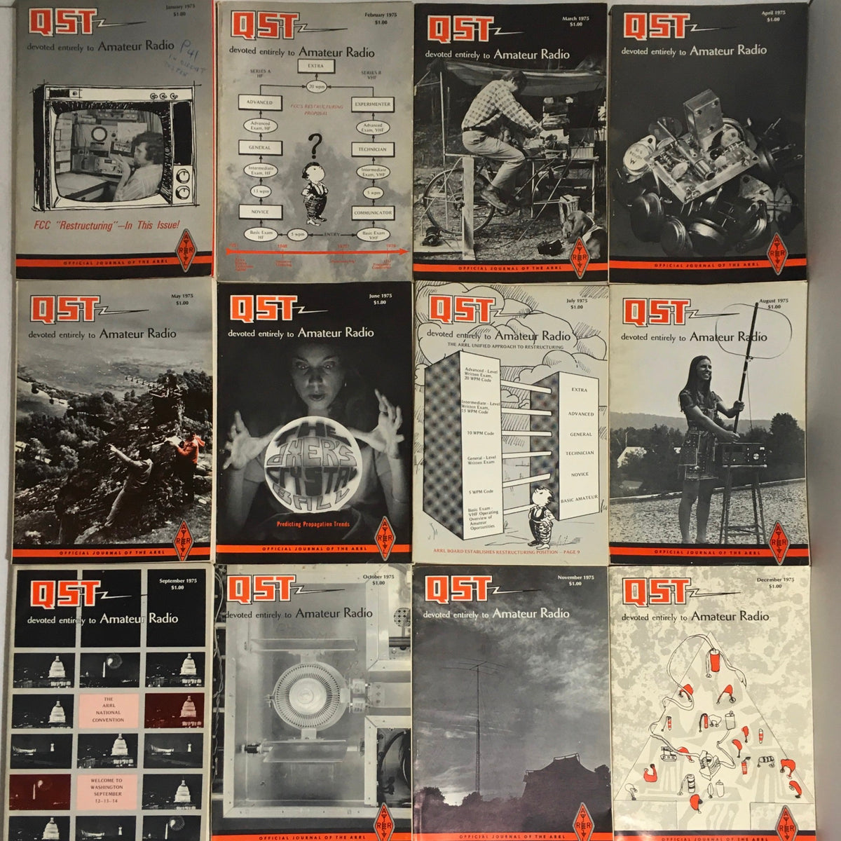 Lot of 12 Complete January to December 1975 QST Amateur Radio magazines displayed in a grid, showcasing covers featuring various amateur radio topics.