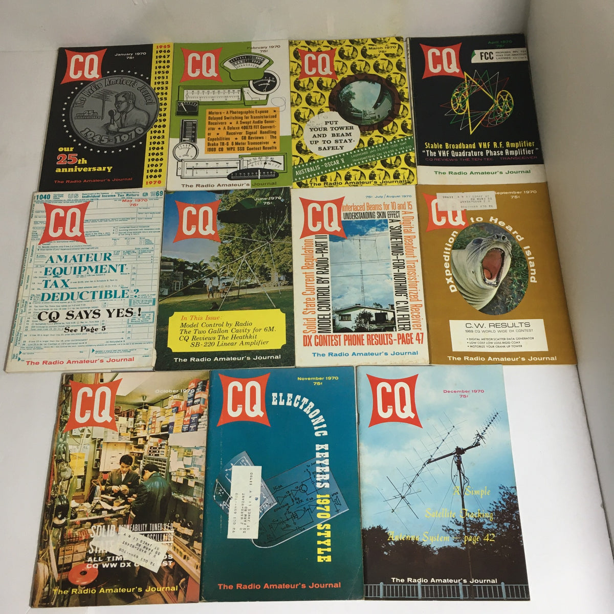 Lot of 12 Complete January to December 1970 CQ The Radio Amateur's Journal magazines showcasing covers from each month, highlighting amateur radio advancements and community stories.