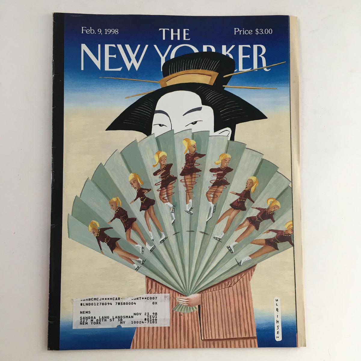 Cover of The New Yorker magazine from February 9, 1998, featuring the artwork 'Japan's Geisha' by Mark Ulriksen, showcasing a traditional geisha design with fans and vibrant colors.