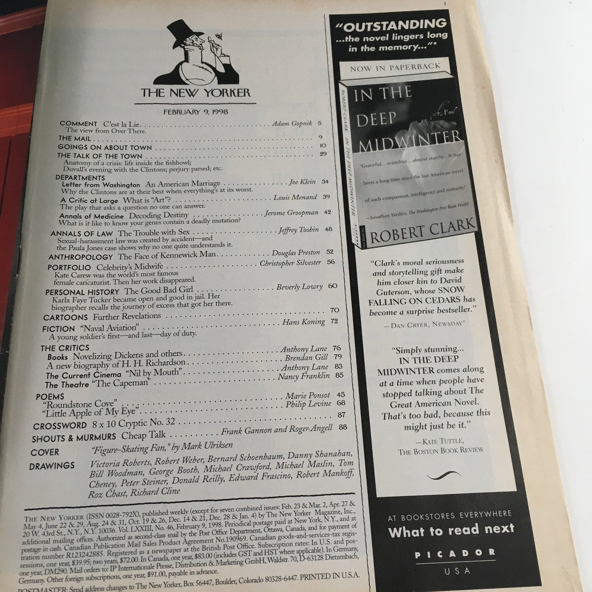 Table of contents page from The New Yorker magazine February 9, 1998, listing articles and features, including insights on cultural topics and notable sections.