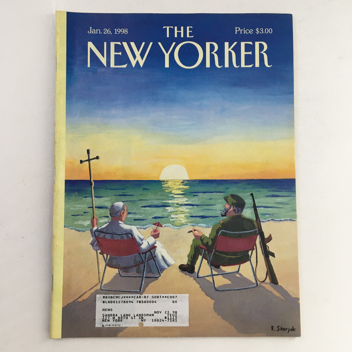 The New Yorker January 26 1998 Full Magazine Theme Cover by Robert Sikoryak featuring a serene beach scene with two figures sitting in chairs, one dressed as a pope and the other as a soldier, against a sunset backdrop.