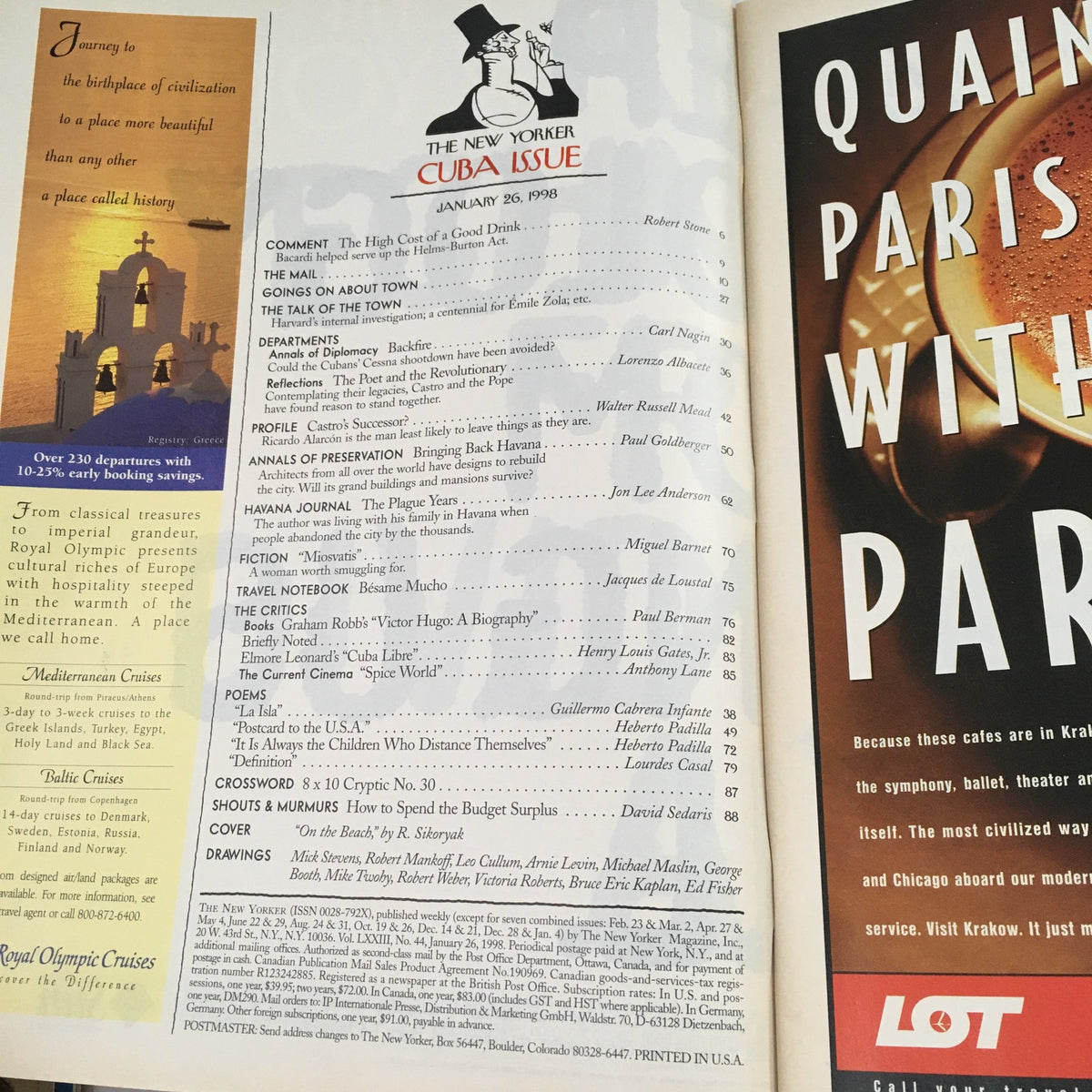 Inside page of The New Yorker January 26 1998 showcasing the Cuba Issue, featuring editorial sections and illustrations, with a focus on topics like Havana and cultural criticisms.