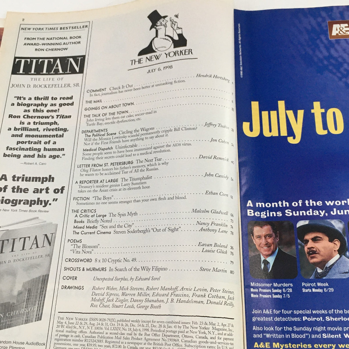 Interior page of The New Yorker magazine, July 6, 1998, showcasing the table of contents with featured articles and section details.