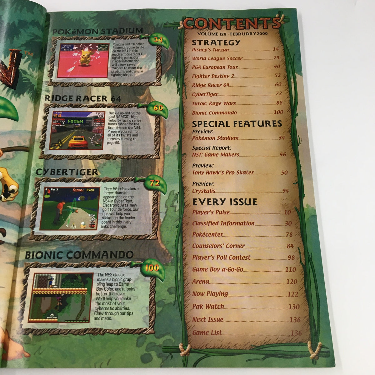 Nintendo Power Magazine Vol. 129 February 2000 table of contents featuring games like Pokémon Stadium, Ridge Racer 64, and Tony Hawk's Pro Skater.