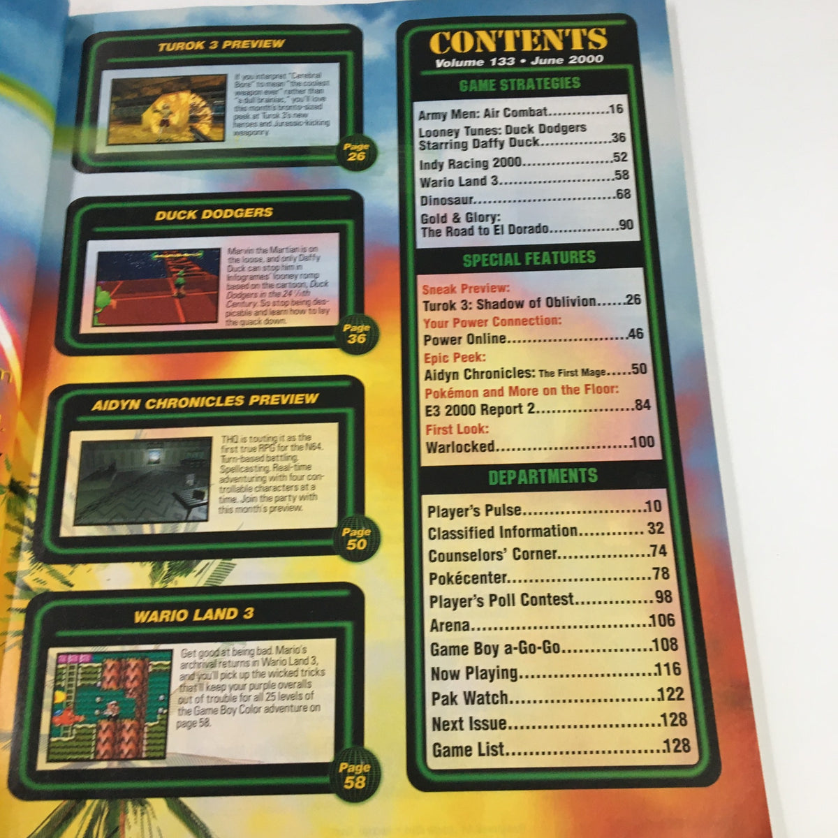 Contents page of Nintendo Power Magazine Vol. 133 June 2000 featuring articles about Turok 3, Duck Dodgers, and more, highlighting the vintage gaming culture.