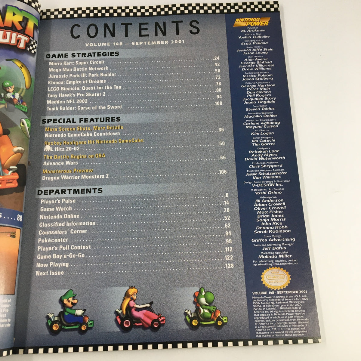 Contents page of Nintendo Power Magazine Vol 148 September 2001 featuring game strategies and special features including Mario Kart: Super Circuit.