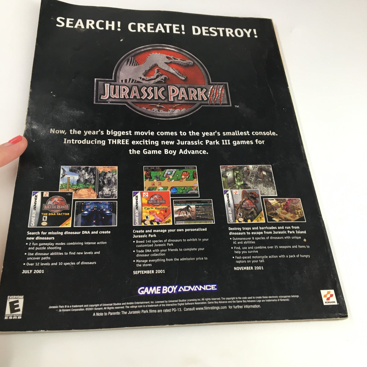 Back cover of Nintendo Power Magazine Vol 148 September 2001 highlighting the Jurassic Park game series for Game Boy Advance.