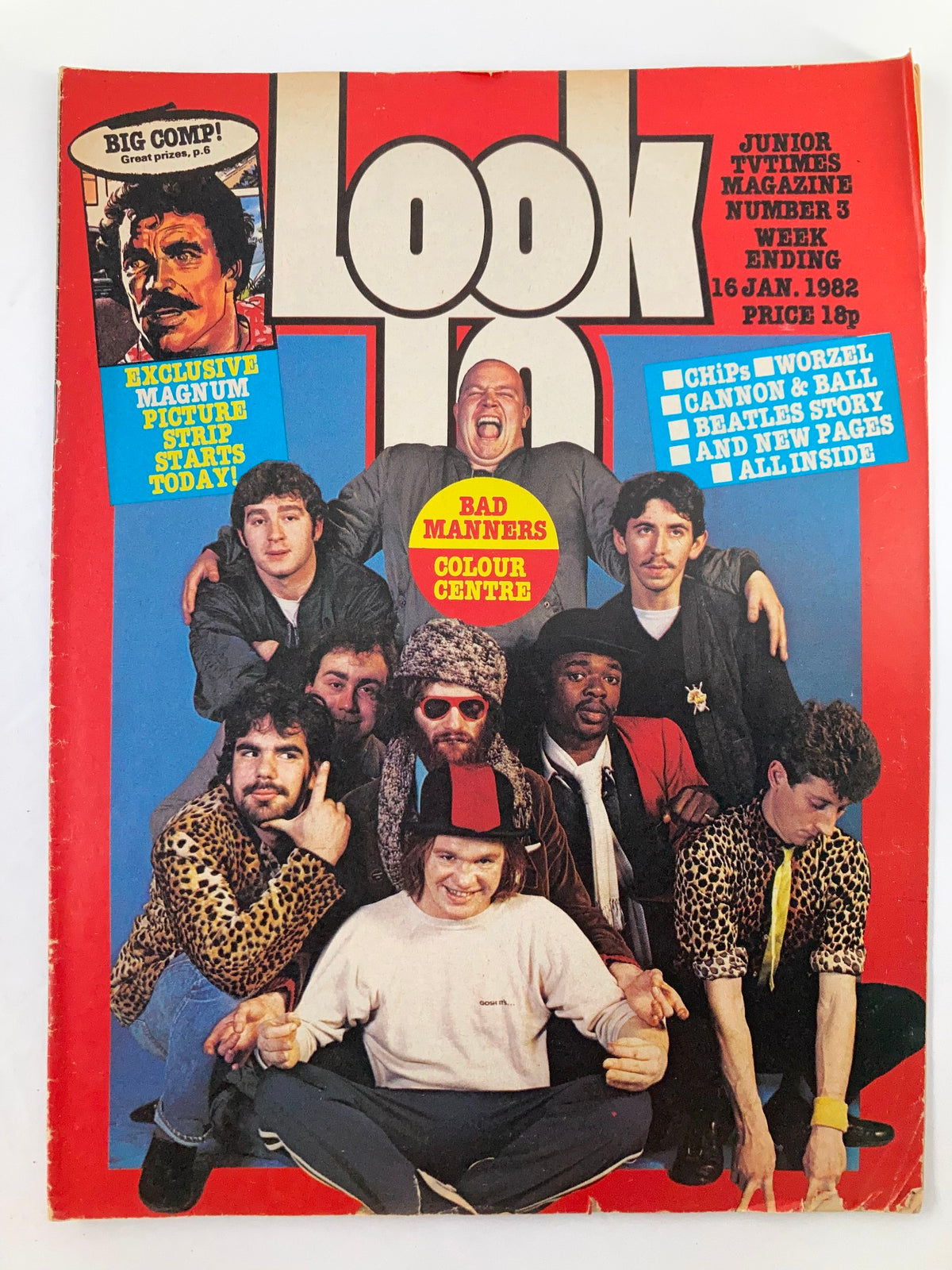 Cover of VTG Lookin Magazine January 16, 1982, Issue #3 featuring Bad Manners. The magazine showcases vibrant colors and images of various artists from the early 1980s, reflecting the pop culture of that era. Highlights include band members styled in eclectic outfits.