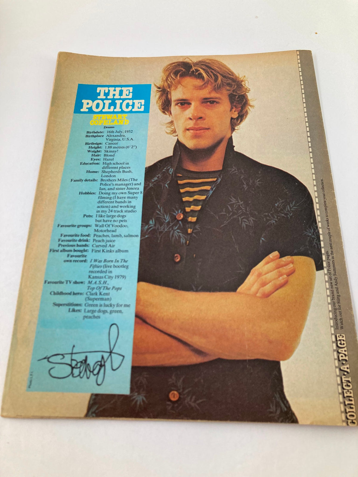Page featuring Stewart Copeland from the Police in the VTG Lookin Magazine January 16 1982, Issue #3, with personal details and hobbies.