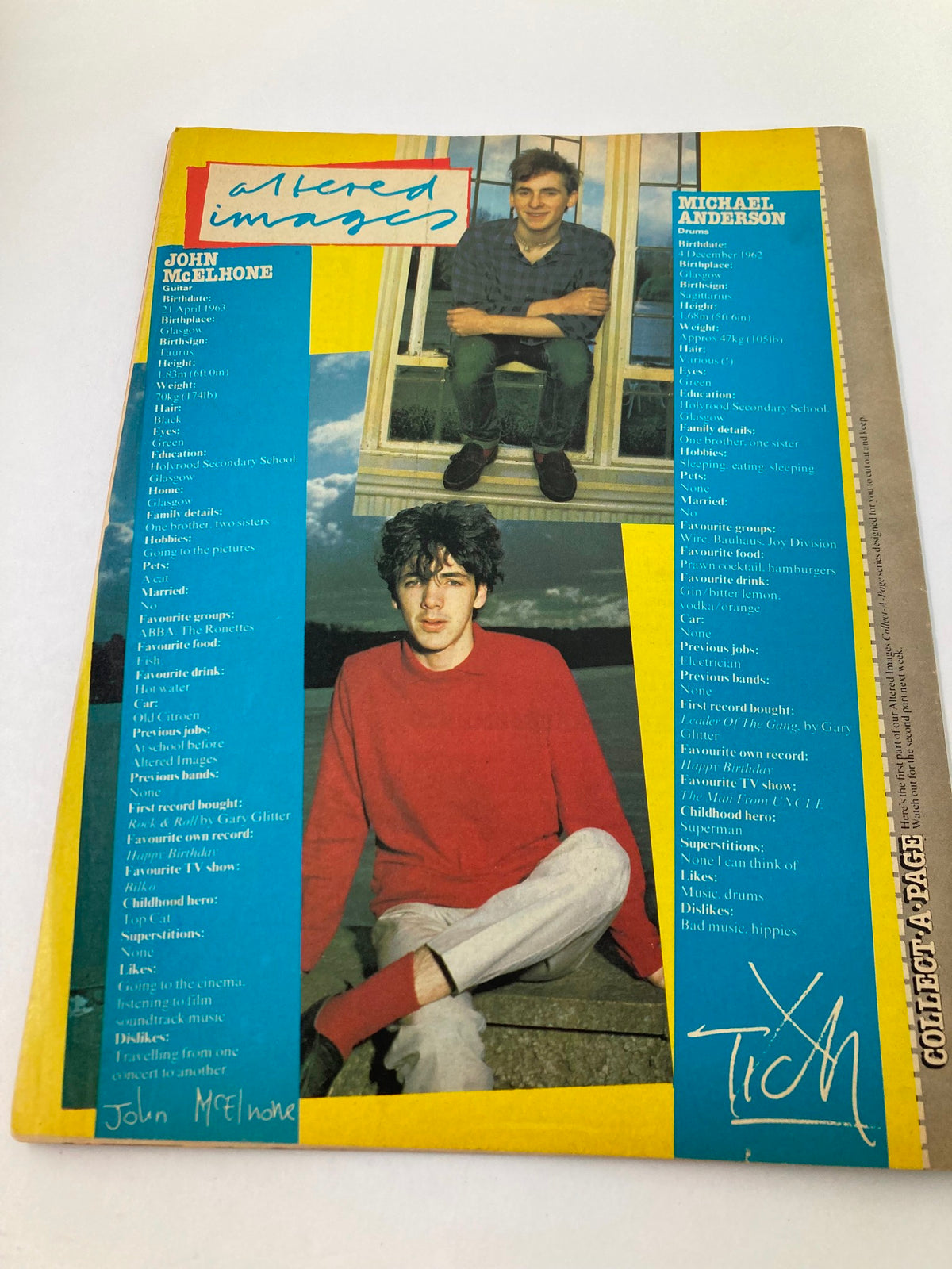 Back cover of Lookin Magazine May 15 1982, Issue #20 featuring profiles of band members John McElhone and Michael Anderson. Includes a colorful design with details about their personal interests and statistics, showcasing the vibrant aesthetic of the early 1980s.