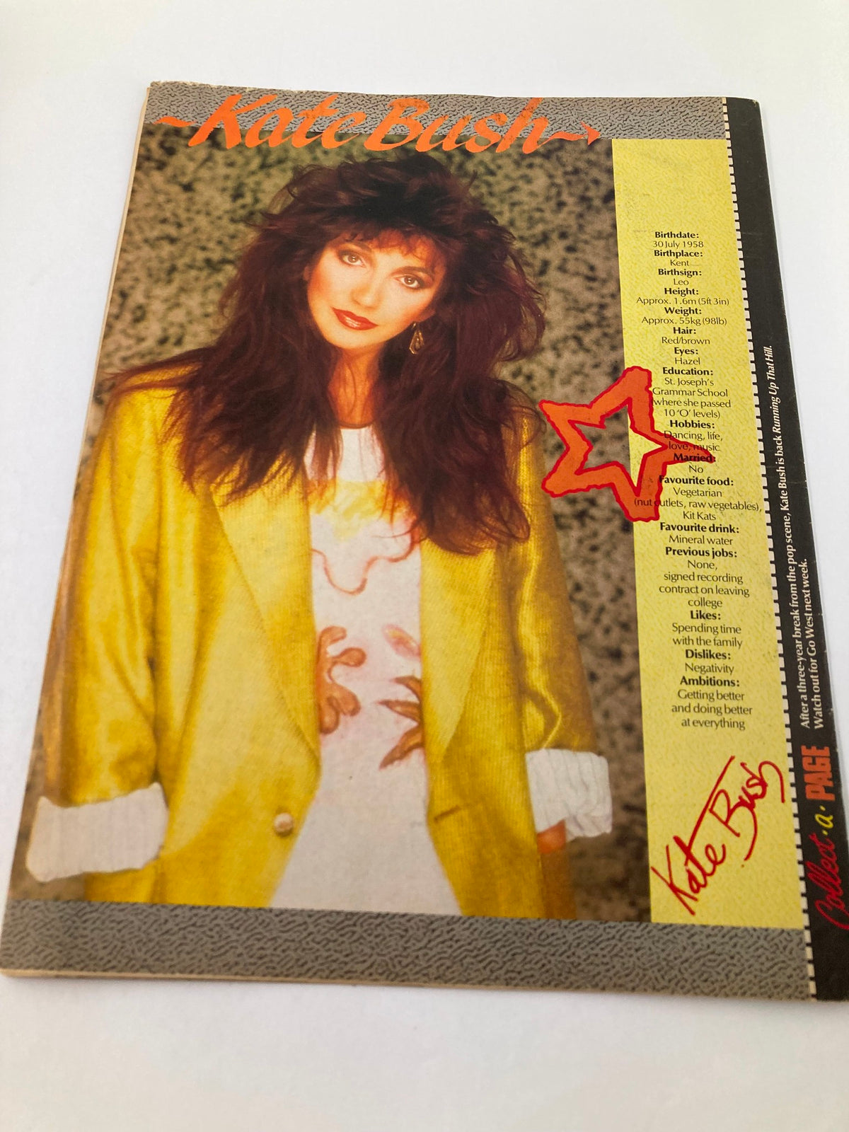 Cover of Lookin Magazine September 21, 1985, featuring Kate Bush in a vibrant yellow jacket. This vintage magazine showcases iconic 1980s pop culture, complete with engaging articles and colorful photography.