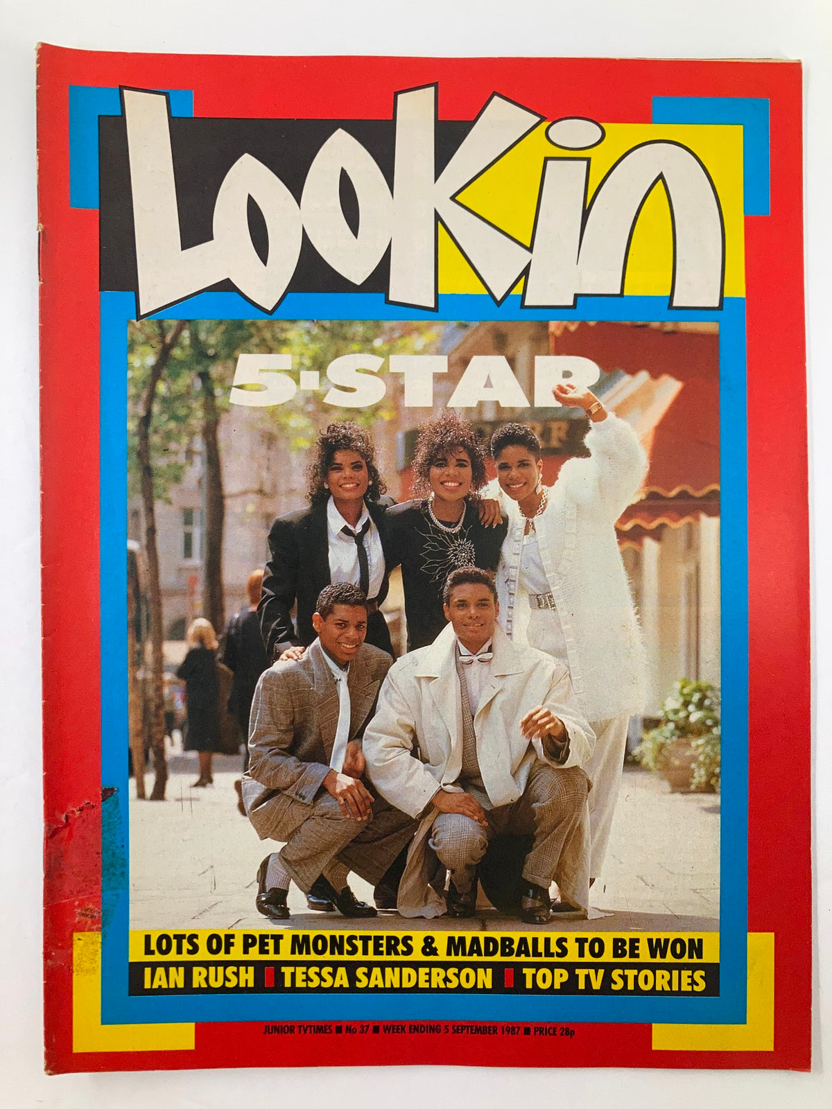 Cover of VTG Lookin Magazine, September 5, 1987, Issue #37 featuring 5-Star music group and athlete Tessa Sanderson. The vibrant front page showcases a colorful design and highlights of the late 1980s pop culture.