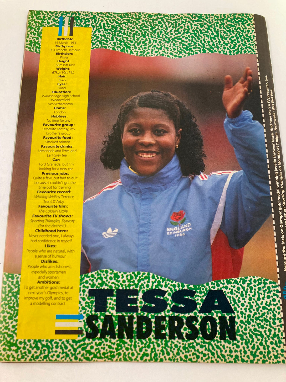 Profile page of Tessa Sanderson from VTG Lookin Magazine September 5 1987, featuring her biography and personal details, celebrating her achievements as a prominent athlete.