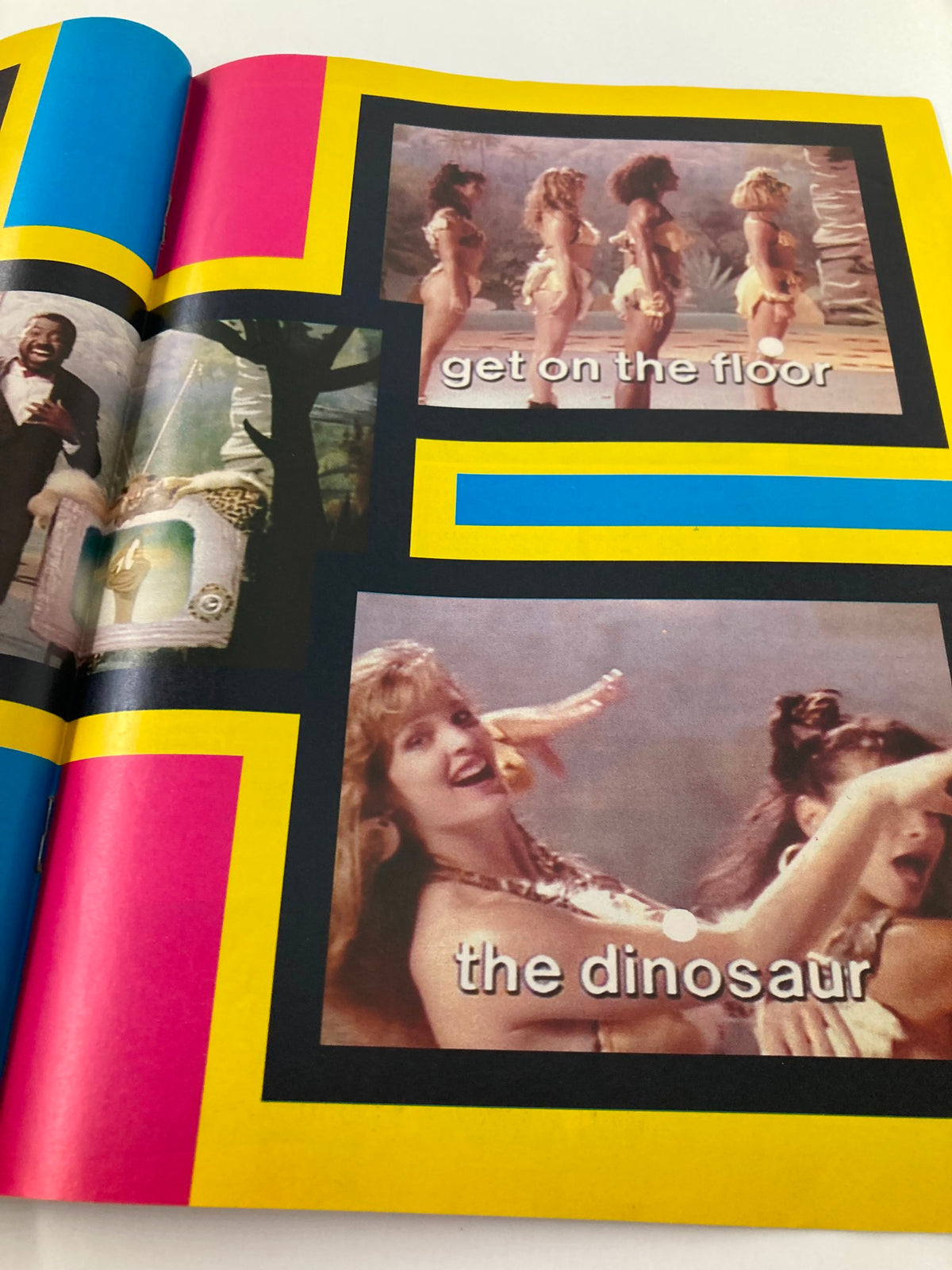 Another colorful page from VTG Lookin Magazine November 14 1987 issue #47 featuring dancers and text 'get on the floor' and 'the dinosaur'.