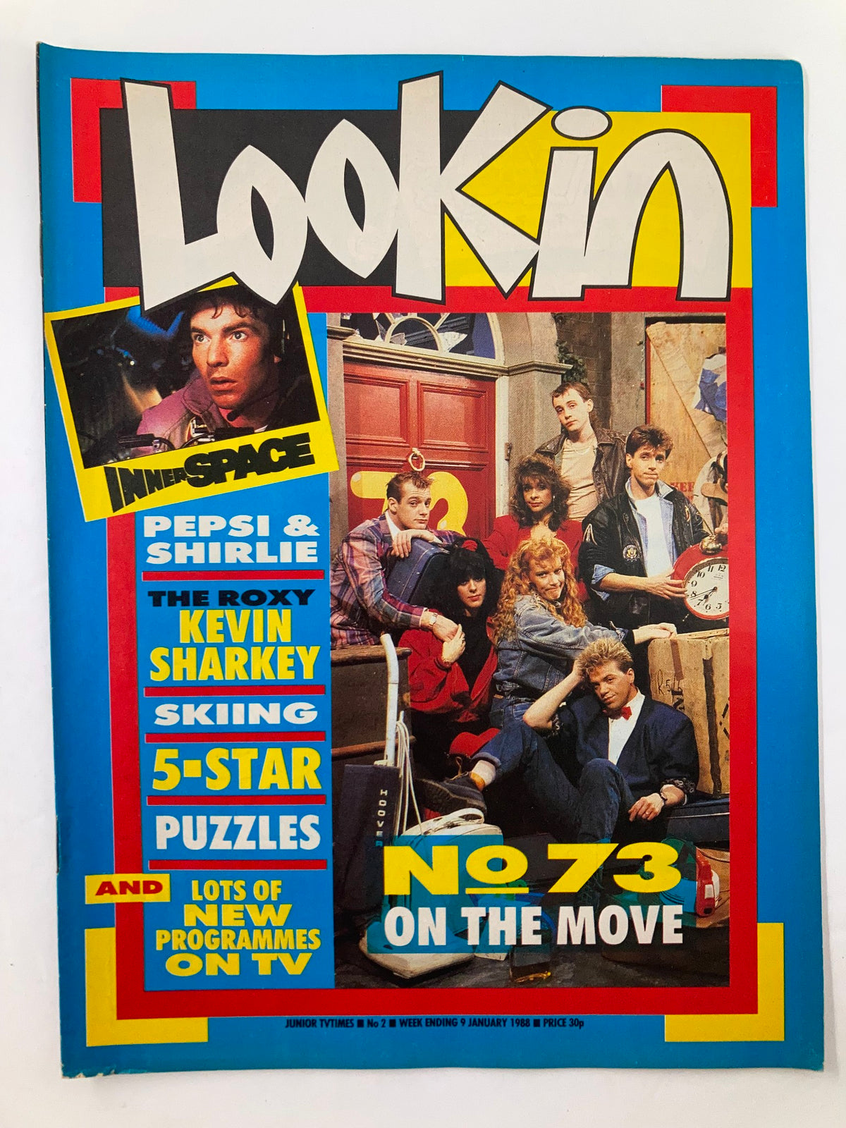 Cover of VTG Lookin Magazine 1988 No. 2 featuring Pepsi and Shirley at The Roxy, along with Kevin Sharkey, showcasing vibrant pop culture from the late 1980s.