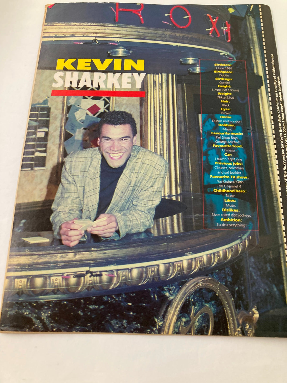 Lookin Magazine 1988 No. 2 Pepsi & Shirley showcasing Kevin Sharkey smiling at The Roxy, with a colorful background and nostalgic magazine layout.
