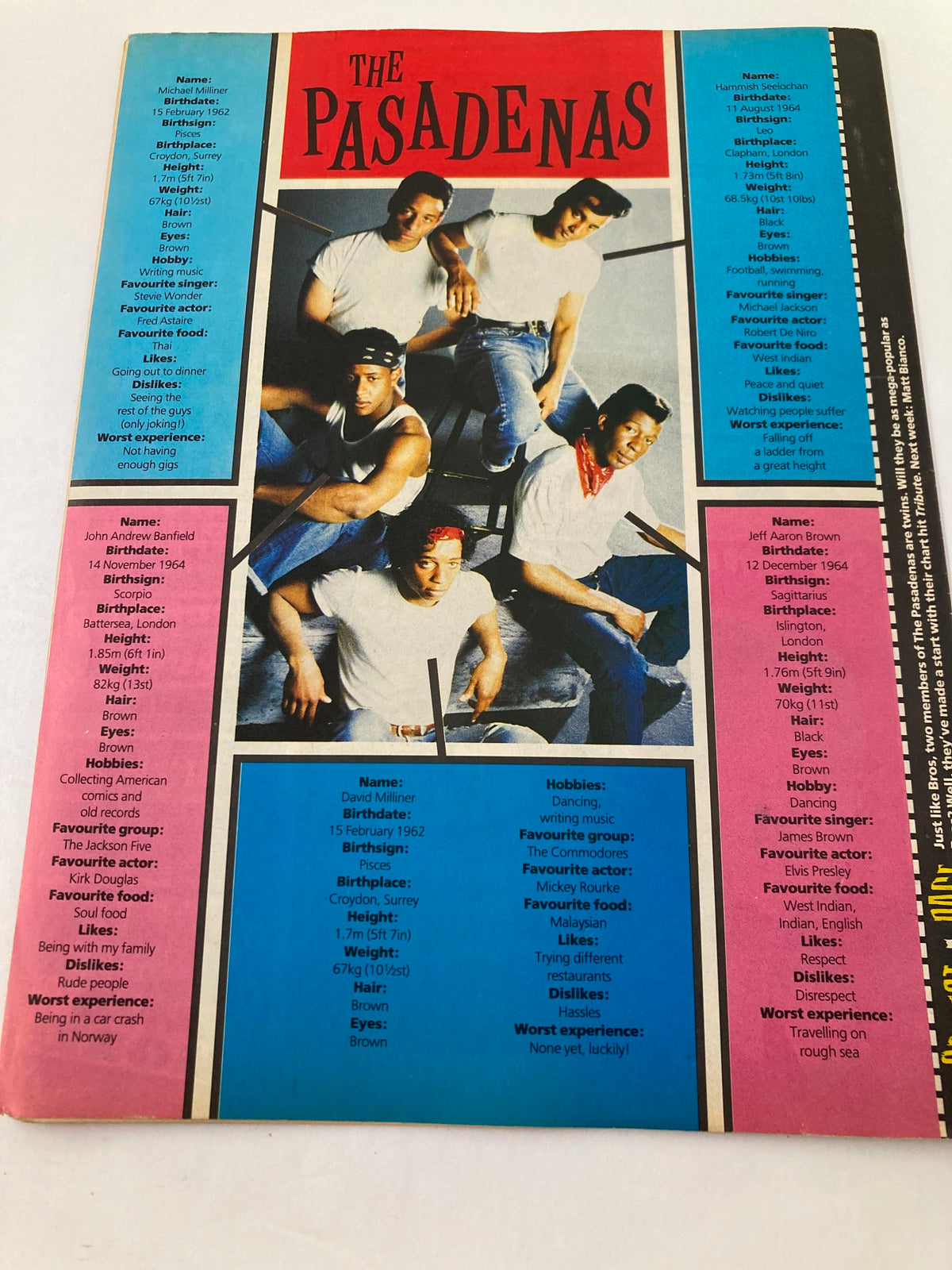VTG Lookin Magazine 1988 #27 showcasing The Pasadenas, a colorful magazine page with member profiles, including their hobbies and favorite foods.